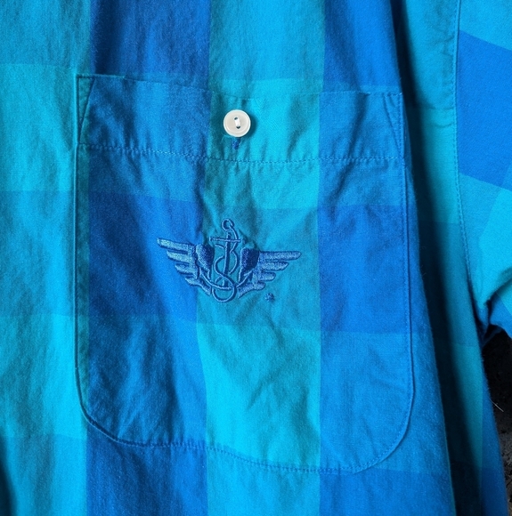 VTG 80s Dockers 100% Cotton Preppy Plaid Short Sleeve Shirt Large Blue Aqua - Picture 3 of 8